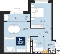 1 - комн.  квартира, 52.54 м², 3/9 эт.