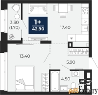 1 - комн.  квартира, 42.9 м², 2/24 эт.