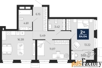 2 - комн.  квартира, 64.04 м², 2/18 эт.