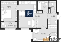 2 - комн.  квартира, 64.14 м², 19/22 эт.