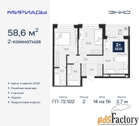 2 - комн.  квартира, 58.6 м², 14/16 эт.