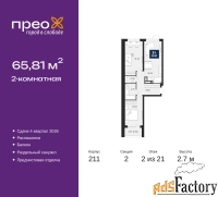 2 - комн.  квартира, 65.81 м², 2/21 эт.