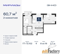2 - комн.  квартира, 60.7 м², 8/16 эт.