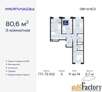 3 - комн.  квартира, 80.6 м², 11/14 эт.