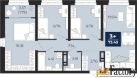 3 - комн.  квартира, 73.45 м², 14/22 эт.