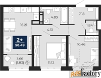 2 - комн.  квартира, 58.49 м², 9/12 эт.
