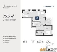 2 - комн.  квартира, 75.3 м², 16/18 эт.