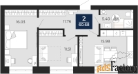 2 - комн.  квартира, 60.68 м², 3/12 эт.