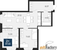 2 - комн.  квартира, 57.03 м², 15/24 эт.