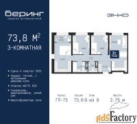 3 - комн.  квартира, 73.8 м², 9/9 эт.
