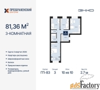 3 - комн.  квартира, 81.36 м², 10/10 эт.