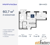 2 - комн.  квартира, 60.7 м², 11/16 эт.