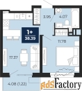 1 - комн.  квартира, 38.39 м², 3/22 эт.
