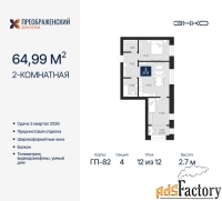 2 - комн.  квартира, 64.99 м², 12/12 эт.