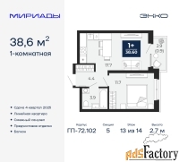 1 - комн.  квартира, 38.6 м², 13/14 эт.