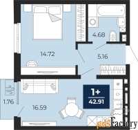 1 - комн.  квартира, 41.68 м², 2/19 эт.