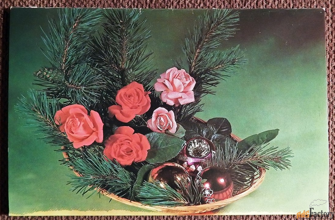 Двойная открытка. С Новым годом. Поздравляю. Цветы. 1980 год
