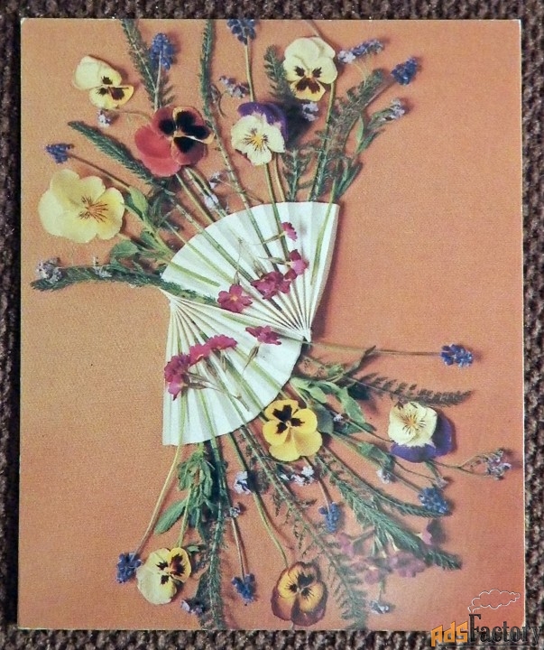 Мини-открытка. Анютины глазки. Композиция. Цветы. 1987 год