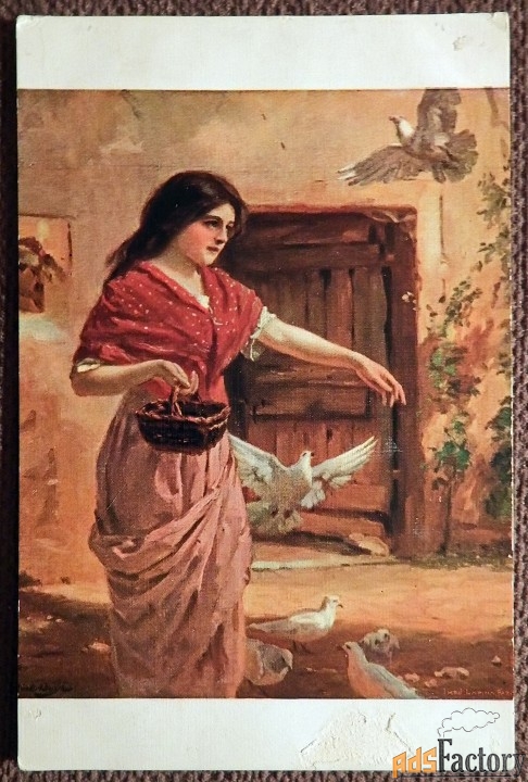 Антикварная открытка. А. Буае. Голуби. Девушка