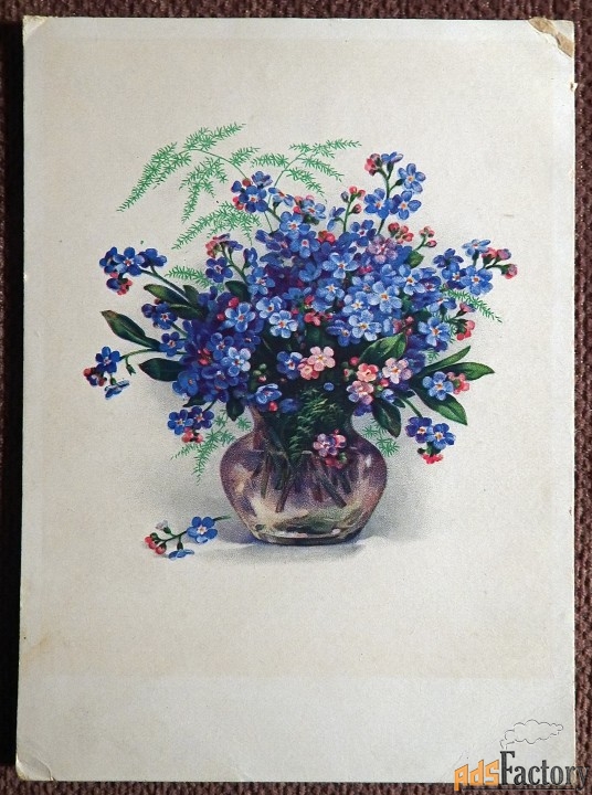 Открытка. Незабудки в вазе. Цветы. Германия. 1950-е годы