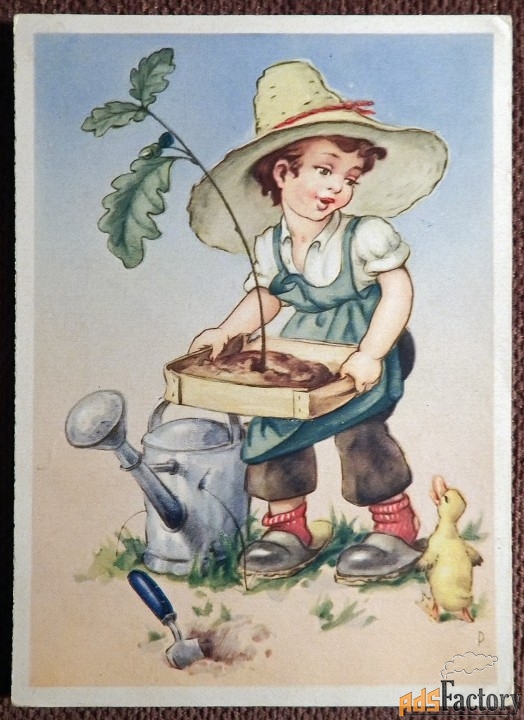 Открытка. Мальчик с саженцем. Утенок. Дети. Германия. 1930-е годы