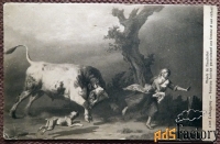 Антикварная открытка «Разъяренный бык гонится за женщиной с ребенком»