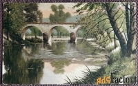 Антикварная открытка Пейзаж с мостом
