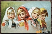 Антикварная открытка. Лебедев (?). Четыре девочки. Дети