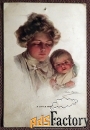 Антикварная открытка. Молодая мать с ребенком. Маленький дьявол. США