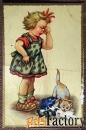 Открытка Девочка и кошка. Дети. 1950-е годы