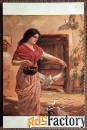 Антикварная открытка. А. Буае. Голуби. Девушка