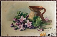 Антикварная открытка. К. Кляйн. Фиалки. Кувшин. Реставрирована