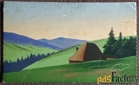Антикварная открытка. Домик в горах. Пейзаж. Ручная работа. Акварель
