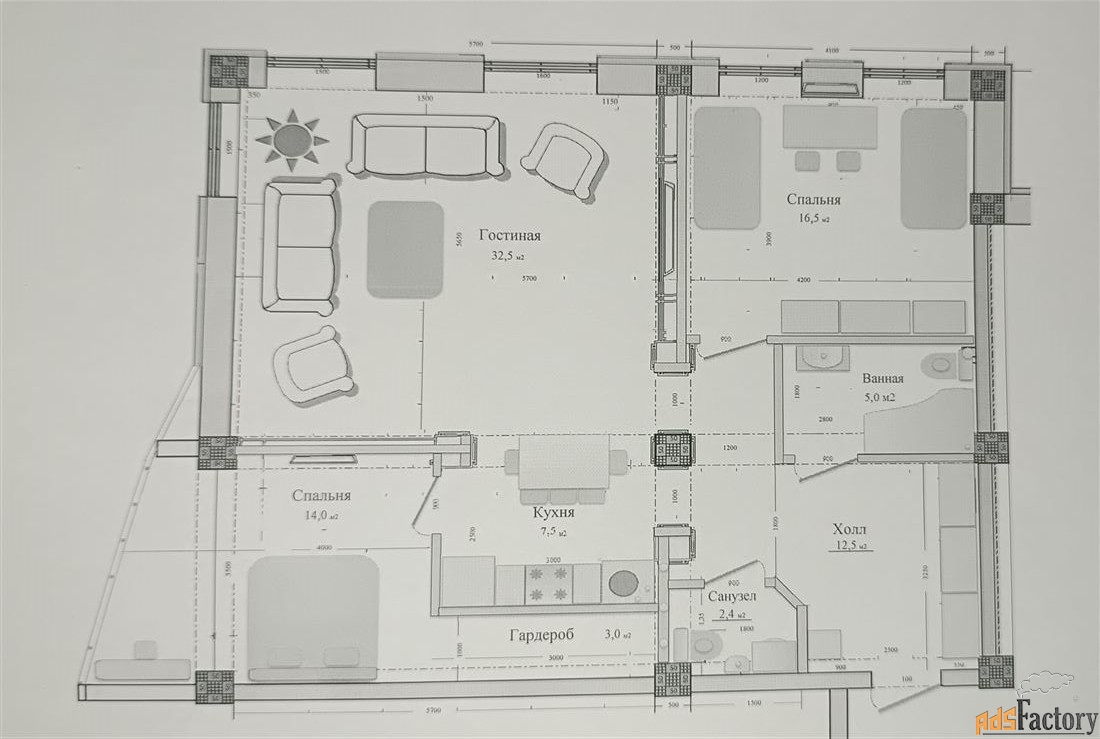 3 - комн. квартира, 96 м², 2/12 эт.