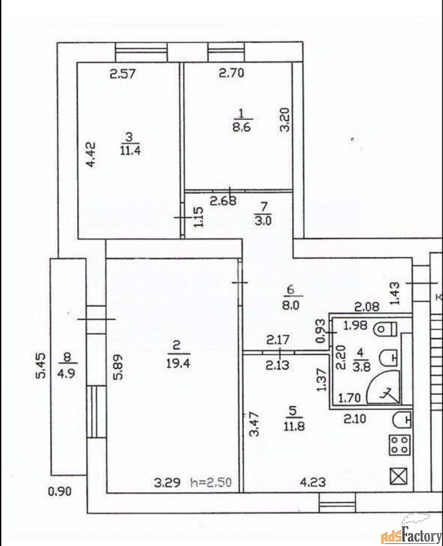 3 - комн. квартира, 66 м², 1/3 эт.