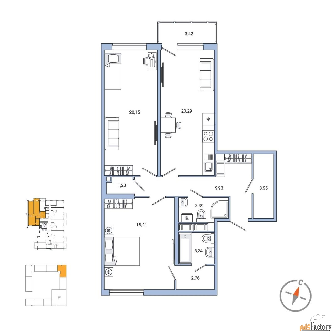 2 - комн. квартира, 85.6 м², 4/7 эт.