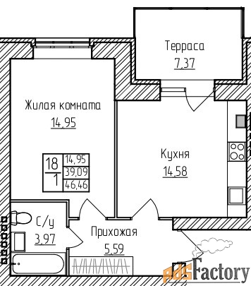 1 - комн. квартира, 46.46 м², 2/3 эт.
