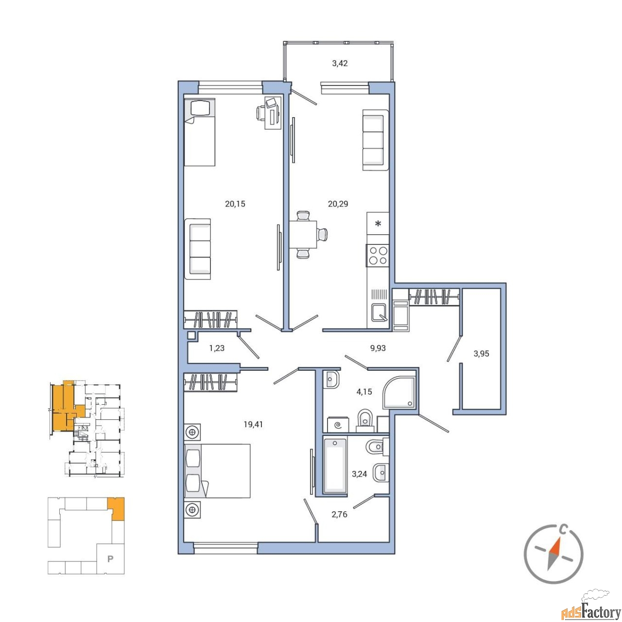2 - комн. квартира, 86.2 м², 2/7 эт.