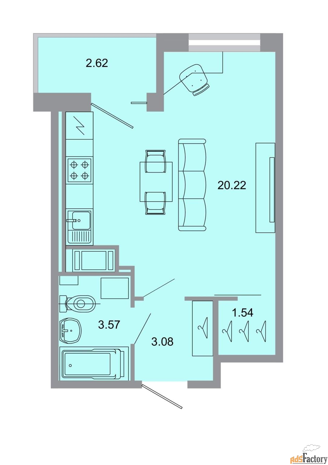 1 - комн. квартира, 29.1 м², 11/15 эт.