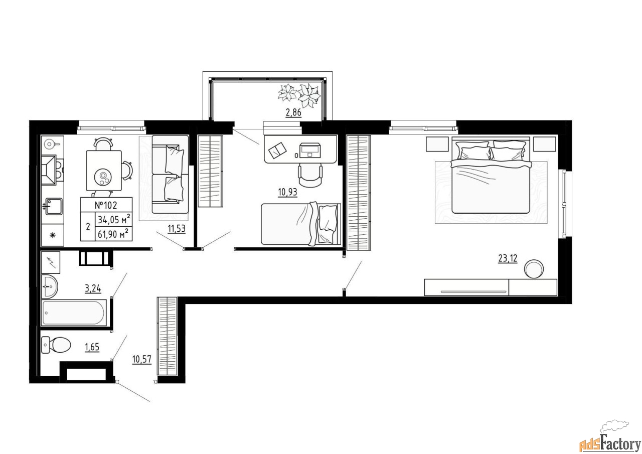 2 - комн. квартира, 61.9 м², 4/4 эт.