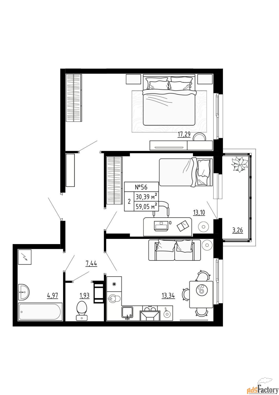 2 - комн. квартира, 59.03 м², 3/4 эт.