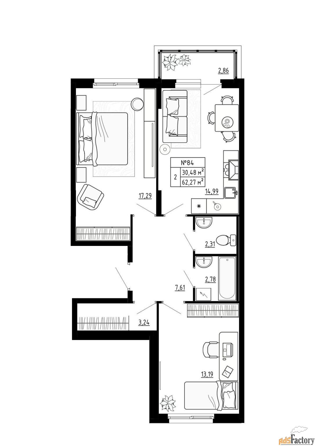 2 - комн. квартира, 62.27 м², 2/4 эт.