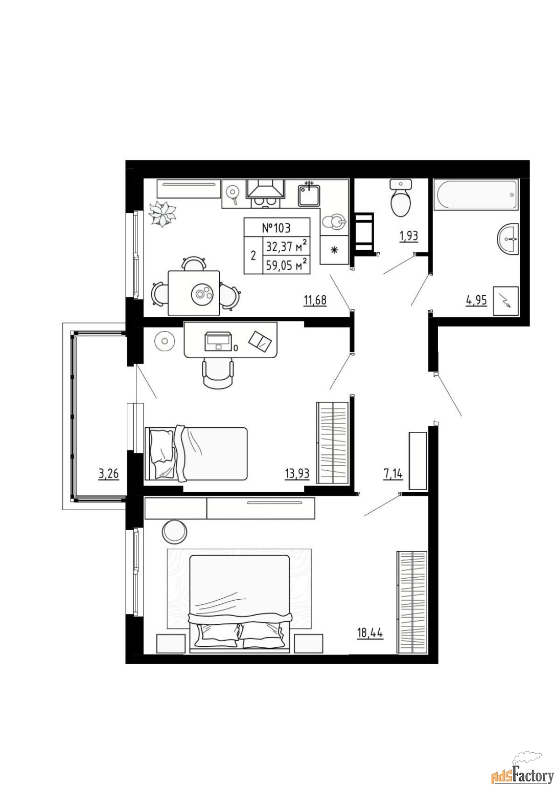2 - комн. квартира, 59.05 м², 3/4 эт.