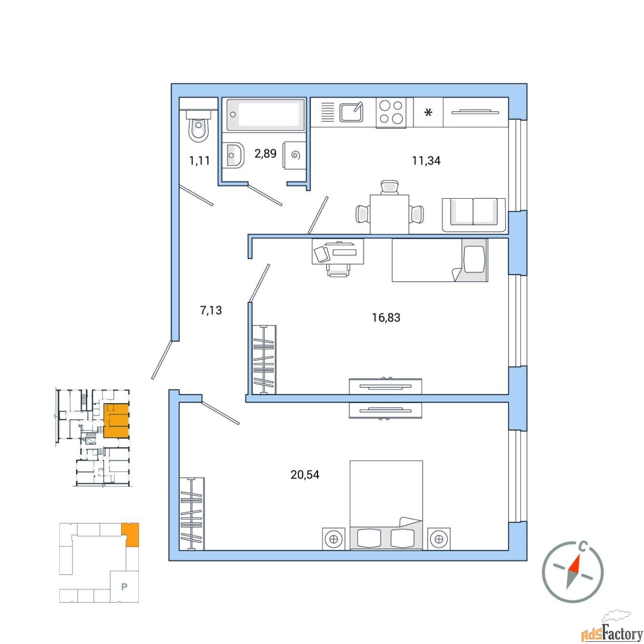 2 - комн. квартира, 59.4 м², 1/7 эт.