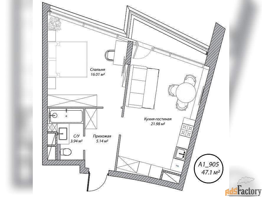 1 - комн. квартира, 47.1 м², 9/10 эт.