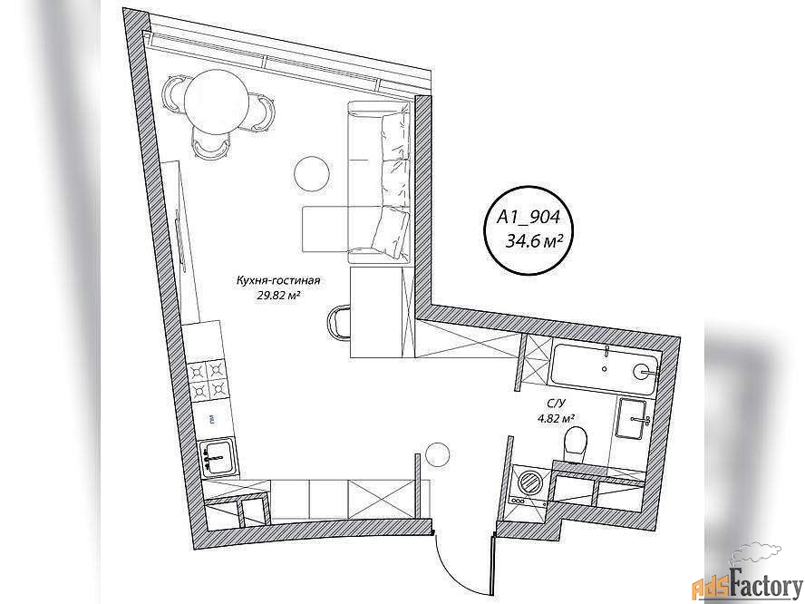 1 - комн. квартира, 34.6 м², 9/10 эт.