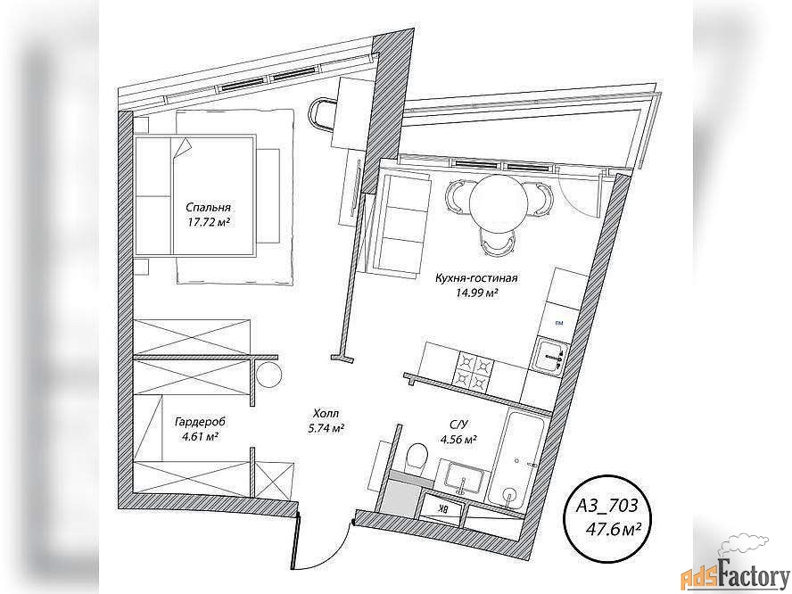 1 - комн. квартира, 47.6 м², 7/10 эт.