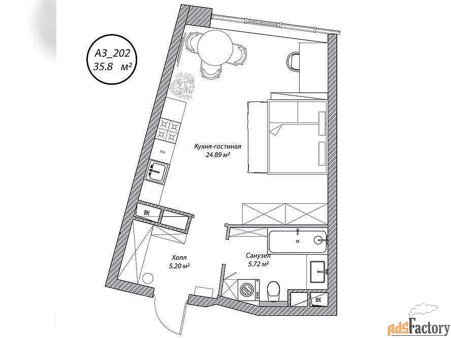 1 - комн. квартира, 35.8 м², 2/10 эт.