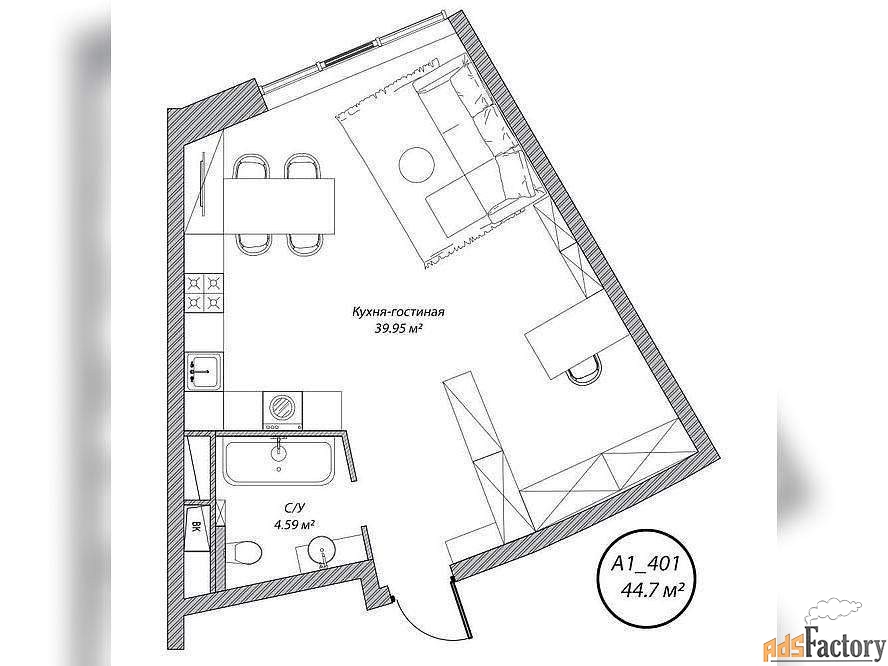 1 - комн. квартира, 44.7 м², 4/10 эт.