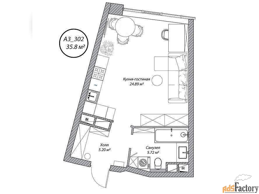 1 - комн. квартира, 35.8 м², 3/10 эт.